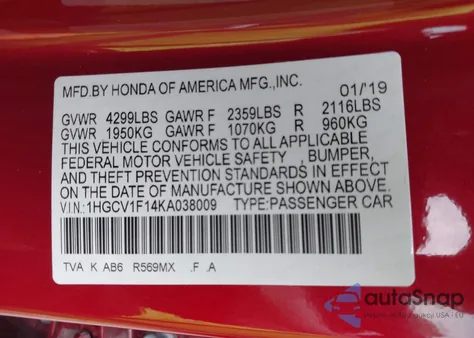 2019 Honda Accord Lx 1.5T from USA, damaged, VIN 1HGCV1F14KA038009